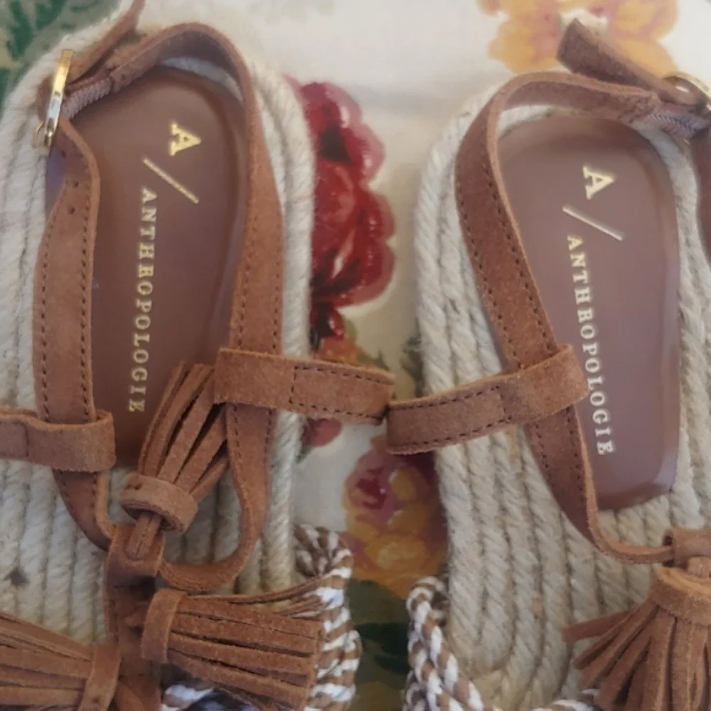 Anthropologie Brown Suede and Jute Rope Women's Sandals with Tassels size 8